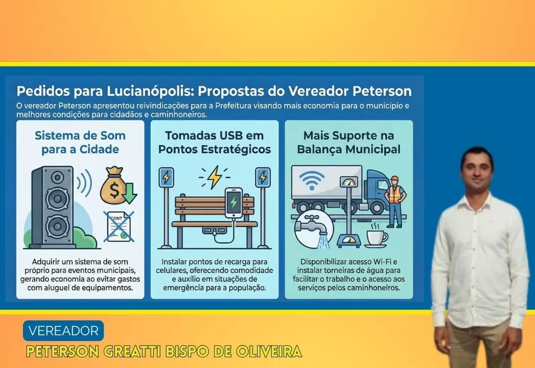 Vereador Peterson Greatti pede sistema de som próprio, carregadores públicos e melhorias na balança